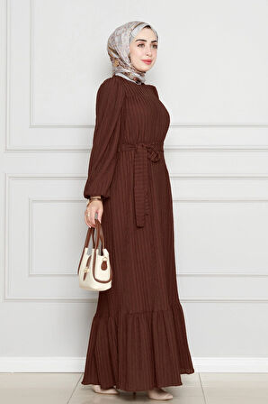 Robalı Sahra Tesettür Elbise-Kahverengi
