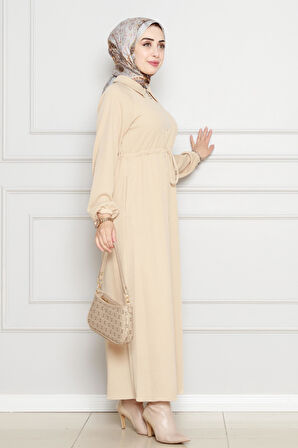 Beli Tünelli Fermuarlı Cepli Elbise-Bej