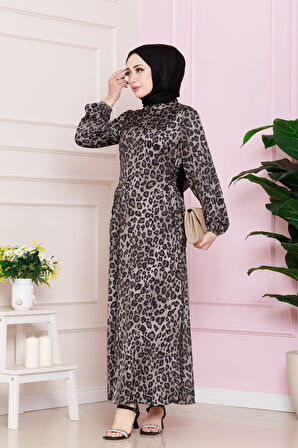 Yanı Bağcıklı Leopar Desenli Tesettür Abiye-VİZON
