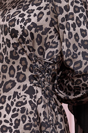 Yanı Bağcıklı Leopar Desenli Tesettür Abiye-VİZON