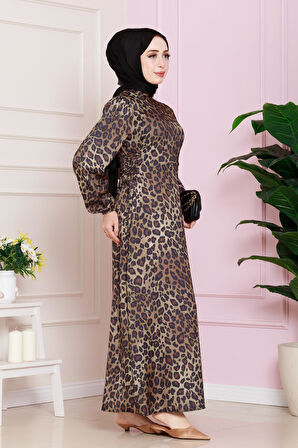 Yanı Bağcıklı Leopar Desenli Tesettür Abiye-Kahverengi