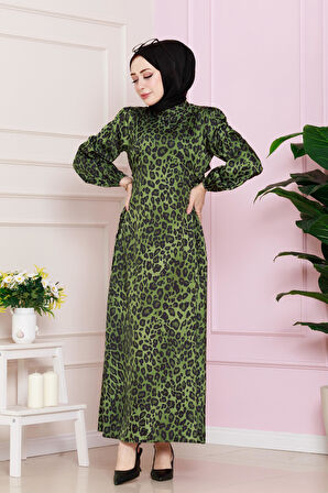 Yanı Bağcıklı Leopar Desenli Tesettür Abiye-Yeşil
