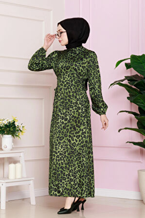 Yanı Bağcıklı Leopar Desenli Tesettür Abiye-Yeşil