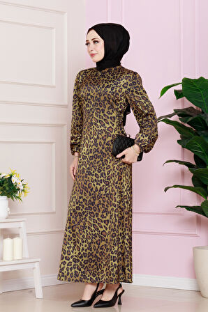 Yanı Bağcıklı Leopar Desenli Tesettür Abiye-Hardal