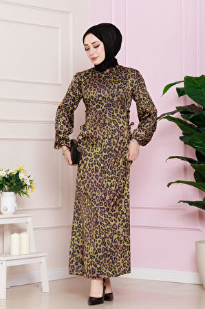 Yanı Bağcıklı Leopar Desenli Tesettür Abiye-Hardal