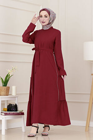 Yanı Fermuar Detaylı Tesettür Elbise-Bordo