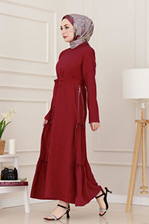 Yanı Fermuar Detaylı Tesettür Elbise-Bordo