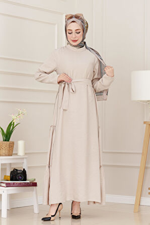 Yanı Fermuar Detaylı Tesettür Elbise-Bej