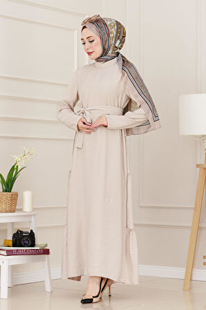 Yanı Fermuar Detaylı Tesettür Elbise-Bej
