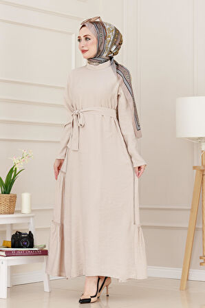 Yanı Fermuar Detaylı Tesettür Elbise-Bej
