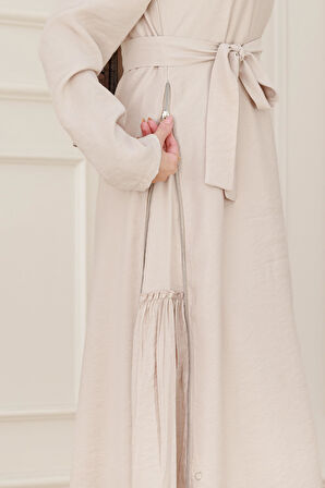 Yanı Fermuar Detaylı Tesettür Elbise-Bej