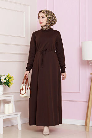 Beli Tünelli İki İplik Elbise-Kahverengi