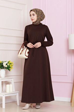 Beli Tünelli İki İplik Elbise-Kahverengi