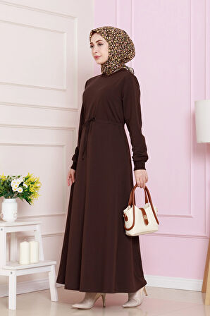 Beli Tünelli İki İplik Elbise-Kahverengi