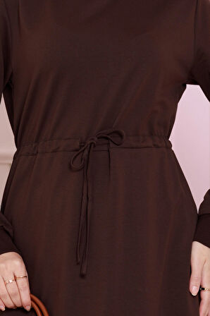 Beli Tünelli İki İplik Elbise-Kahverengi