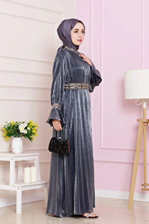 Kolu Volanlı Nakış Detaylı Abiye-Lacivert