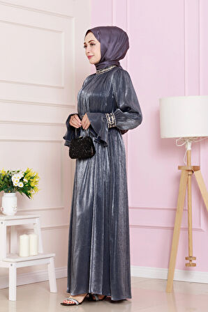 Kolu Volanlı Nakış Detaylı Abiye-Lacivert