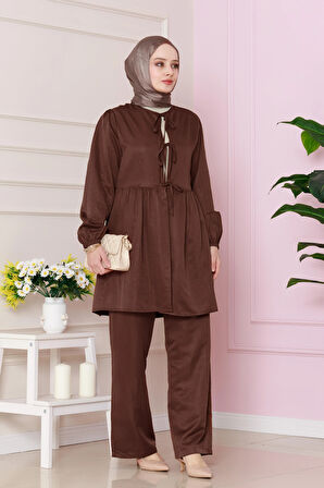 Önü Bağlamalı Pantolonlu takım-Kahverengi