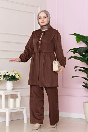 Önü Bağlamalı Pantolonlu takım-Kahverengi
