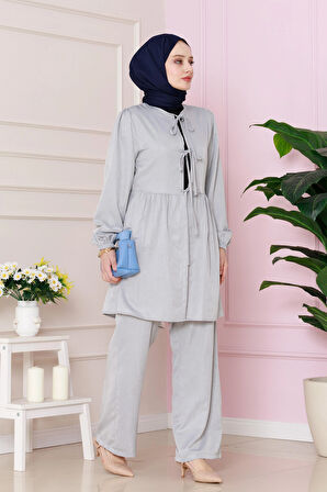 Önü Bağlamalı Pantolonlu takım-Gri
