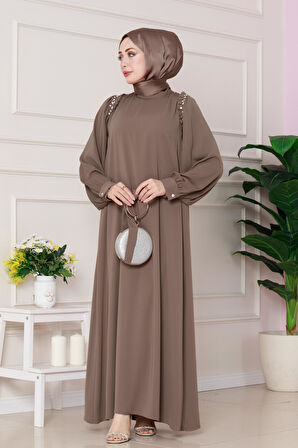 Omuzu Taş Detaylı Rose Elbise-VİZON