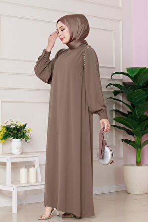 Omuzu Taş Detaylı Rose Elbise-VİZON