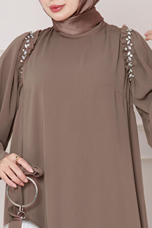 Omuzu Taş Detaylı Rose Elbise-VİZON