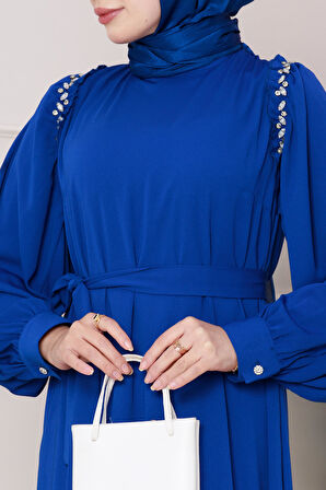 Omuzu Taş Detaylı Rose Elbise-Saks Mavi