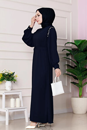 Omuzu Taş Detaylı Rose Elbise-Lacivert