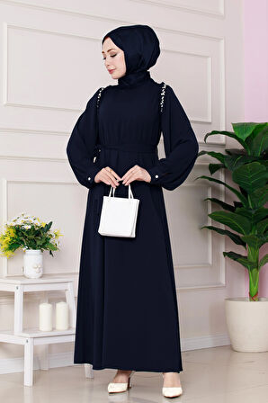 Omuzu Taş Detaylı Rose Elbise-Lacivert