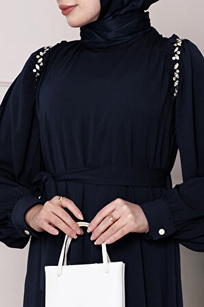 Omuzu Taş Detaylı Rose Elbise-Lacivert