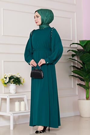 Omuzu Taş Detaylı Rose Elbise-Zümrüt Yeşili