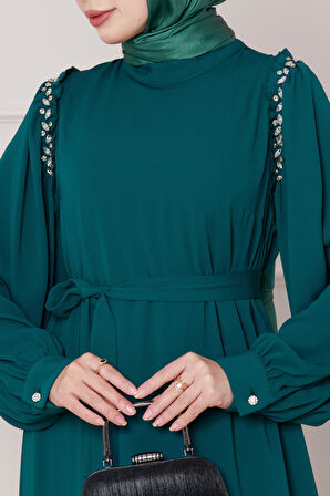 Omuzu Taş Detaylı Rose Elbise-Zümrüt Yeşili