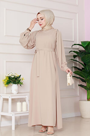 Omuzu Taş Detaylı Rose Elbise-Bej