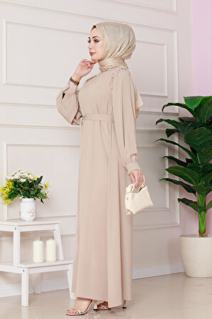 Omuzu Taş Detaylı Rose Elbise-Bej