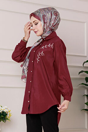 Önü İnci Taş İşlemeli Tunik-Bordo