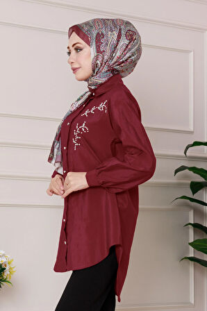 Önü İnci Taş İşlemeli Tunik-Bordo