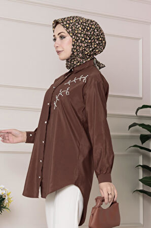 Önü İnci Taş İşlemeli Tunik-Kahverengi