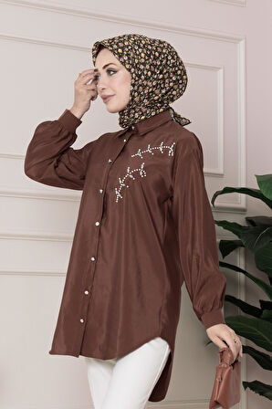 Önü İnci Taş İşlemeli Tunik-Kahverengi