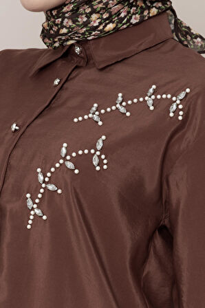 Önü İnci Taş İşlemeli Tunik-Kahverengi