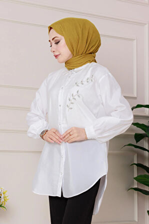Önü İnci Taş İşlemeli Tunik-Beyaz