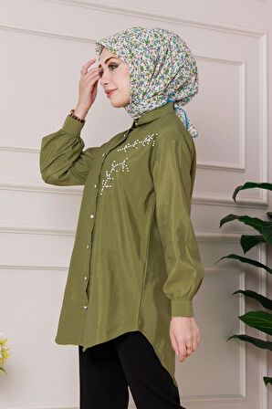 Önü İnci Taş İşlemeli Tunik-Yeşil