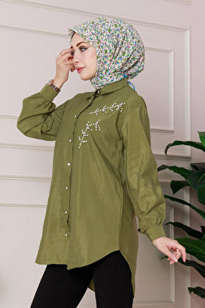 Önü İnci Taş İşlemeli Tunik-Yeşil