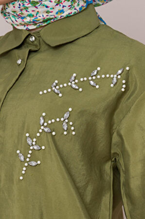 Önü İnci Taş İşlemeli Tunik-Yeşil