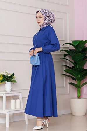Beli Lastik Detaylı Yasemin Elbise-Saks Mavi