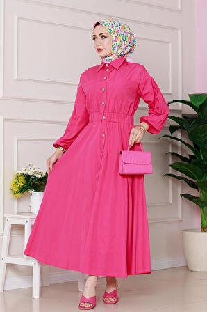 Beli Lastik Detaylı Yasemin Elbise-Pembe