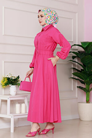 Beli Lastik Detaylı Yasemin Elbise-Pembe