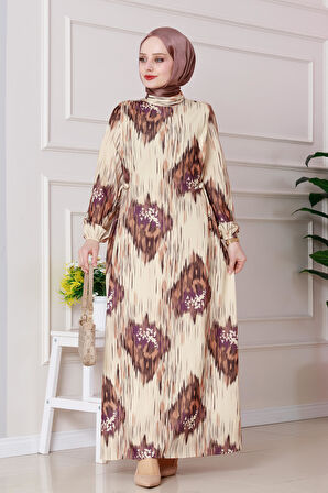 Sofia Desenli Yanı Bağlamalı Elbise-Kahverengi