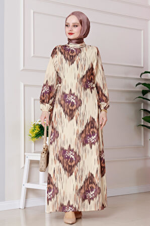 Sofia Desenli Yanı Bağlamalı Elbise-Kahverengi