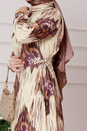 Sofia Desenli Yanı Bağlamalı Elbise-Kahverengi